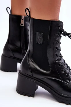 Damskie Skórzane Botki Na Obcasie Czarne Esnar