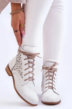 Damskie Skórzane Botki Na Suwak Lewski Shoes 3186 Biały Groch