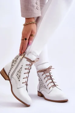 Damskie Skórzane Botki Na Suwak Lewski Shoes 3186 Biały Groch