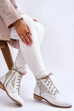 Damskie Skórzane Botki Na Suwak Lewski Shoes 3186 Biały Groch