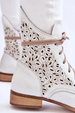 Damskie Skórzane Botki Na Suwak Lewski Shoes 3186 Biały Groch