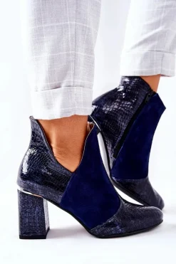 Damskie Skórzane Botki Na Słupku Granatowe I Wish