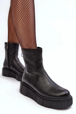 Damskie Skórzane Botki Na Platformie Czarne Lemar Jenefer