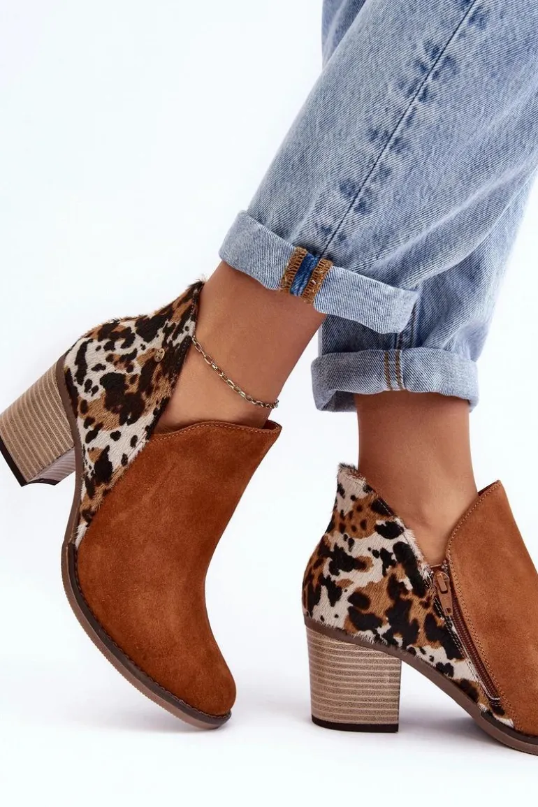 Damskie Skórzane Botki Na Słupku Maciejka Brązowe 04492-98