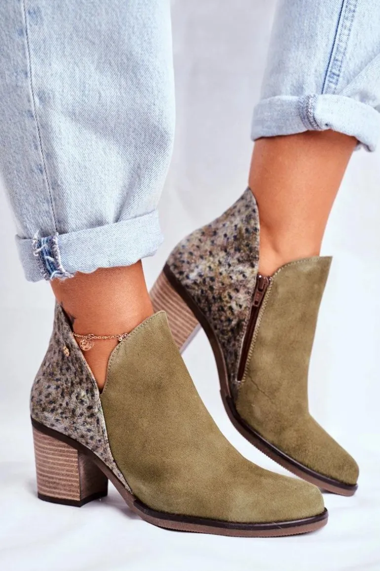 Damskie Skórzane Botki Na Słupku Maciejka Oliwkowe 04492-24