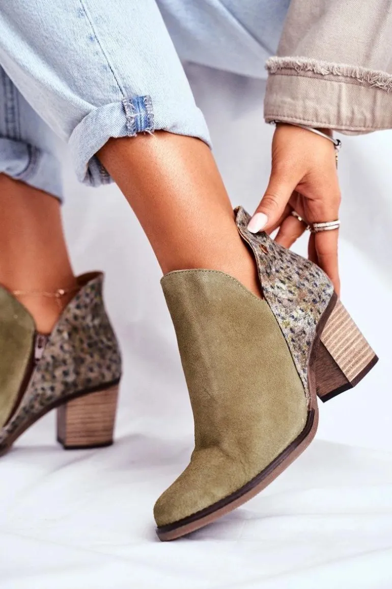 Damskie Skórzane Botki Na Słupku Maciejka Oliwkowe 04492-24