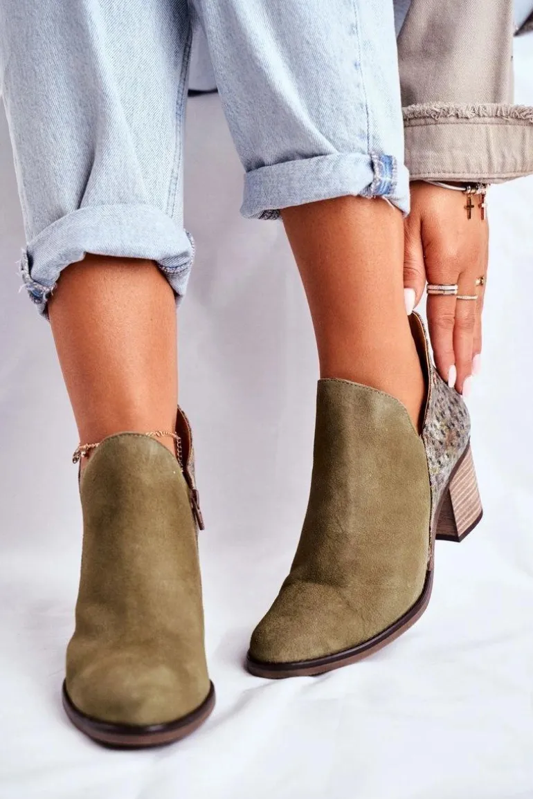 Damskie Skórzane Botki Na Słupku Maciejka Oliwkowe 04492-24