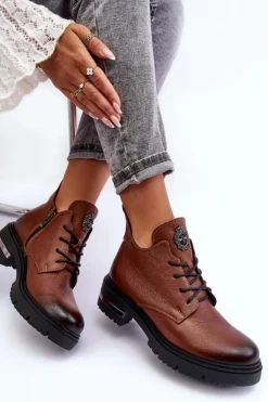 Damskie Skórzane Botki Na Płaskim Obcasie Brązowe Lemar Charline