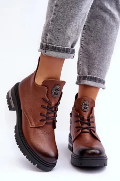 Damskie Skórzane Botki Na Płaskim Obcasie Brązowe Lemar Charline