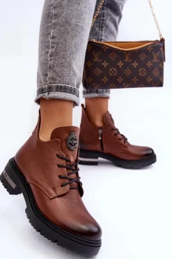 Damskie Skórzane Botki Na Płaskim Obcasie Brązowe Lemar Charline