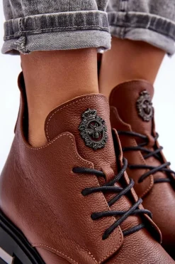 Damskie Skórzane Botki Na Płaskim Obcasie Brązowe Lemar Charline