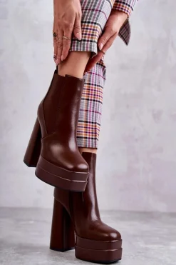 Damskie Skórzane Botki Na Masywnym Obcasie Brązowe Jones