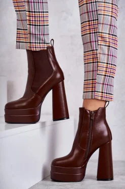 Damskie Skórzane Botki Na Masywnym Obcasie Brązowe Jones