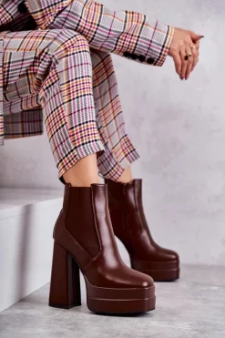 Damskie Skórzane Botki Na Masywnym Obcasie Brązowe Jones