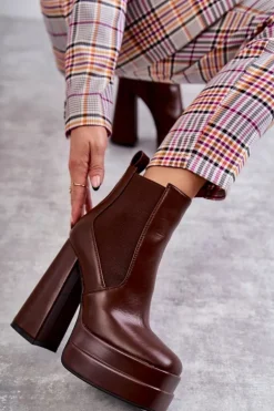 Damskie Skórzane Botki Na Masywnym Obcasie Brązowe Jones