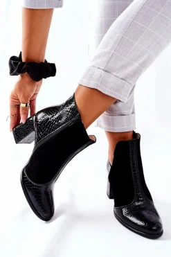 Damskie Skórzane Botki Na Słupku Czarne I Wish