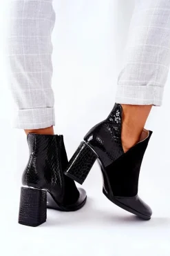 Damskie Skórzane Botki Na Słupku Czarne I Wish