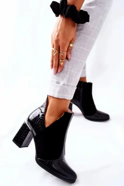 Damskie Skórzane Botki Na Słupku Czarne I Wish