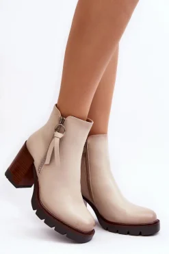 Damskie Skórzane Botki Na Słupku Beżowe Brittney