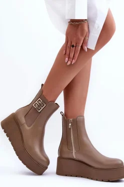 Damskie Skórzane Botki Na Masywnej Platformie Ciemnobeżowe Lemar Savira