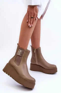 Damskie Skórzane Botki Na Masywnej Platformie Ciemnobeżowe Lemar Savira