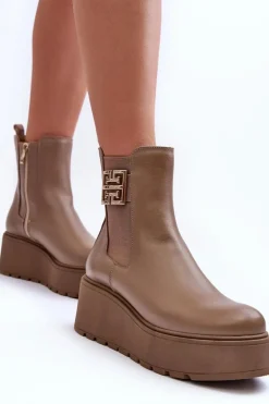 Damskie Skórzane Botki Na Masywnej Platformie Ciemnobeżowe Lemar Savira