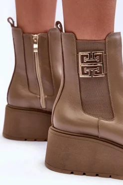 Damskie Skórzane Botki Na Masywnej Platformie Ciemnobeżowe Lemar Savira