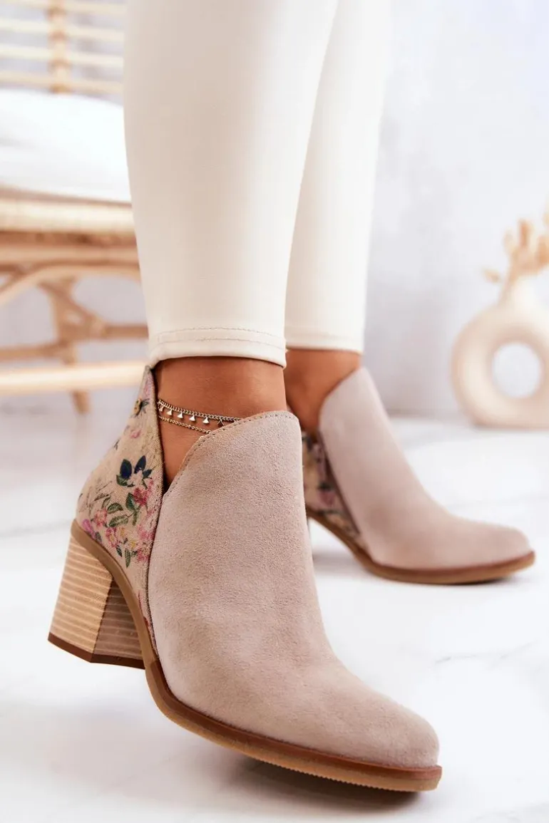 Damskie Skórzane Botki Na Słupku Maciejka Jasnobeżowe 04492