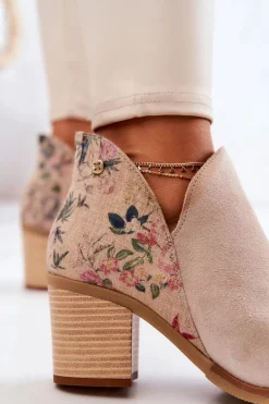 Damskie Skórzane Botki Na Słupku Maciejka Jasnobeżowe 04492