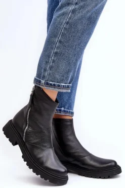 Damskie Skórzane Botki Na Płaskim Obcasie Laura Messi 2620/975 Czarne