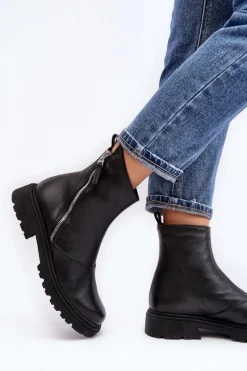 Damskie Skórzane Botki Na Płaskim Obcasie Laura Messi 2620/975 Czarne