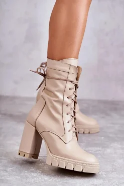 Damskie Skórzane Botki Na Platformie Beżowe Edna