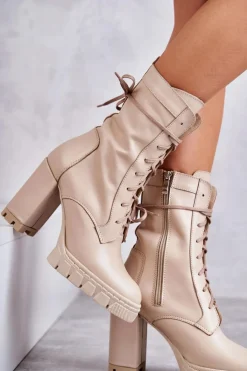Damskie Skórzane Botki Na Platformie Beżowe Edna