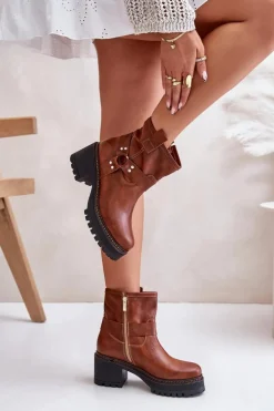 Damskie Skórzane Botki Na Zamek Lewski 3435 Brązowe