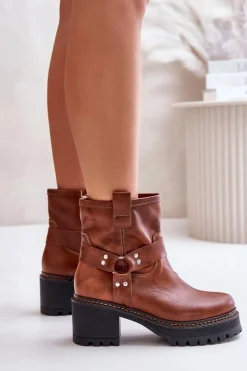 Damskie Skórzane Botki Na Zamek Lewski 3435 Brązowe