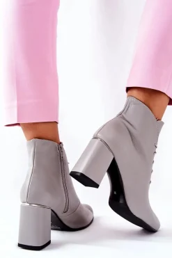 Damskie Skórzane Botki Na Słupku Szare Carrice