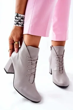 Damskie Skórzane Botki Na Słupku Szare Carrice