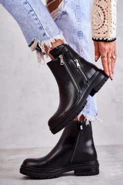 Damskie Skórzane Botki Na Suwak Czarne Navarra