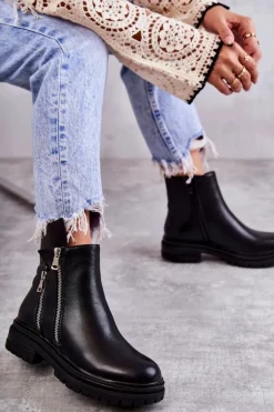 Damskie Skórzane Botki Na Suwak Czarne Navarra