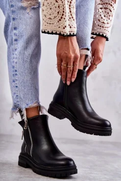 Damskie Skórzane Botki Na Suwak Czarne Navarra