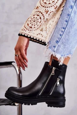 Damskie Skórzane Botki Na Suwak Czarne Navarra