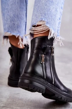 Damskie Skórzane Botki Na Suwak Czarne Navarra
