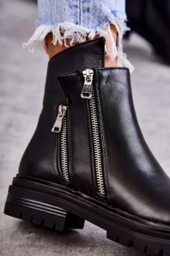 Damskie Skórzane Botki Na Suwak Czarne Navarra