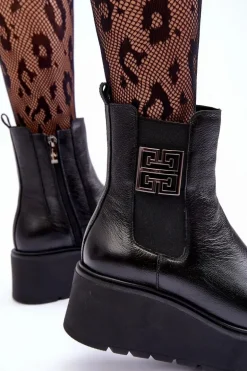 Damskie Skórzane Botki Na Masywnej Platformie Czarne Lemar Savira