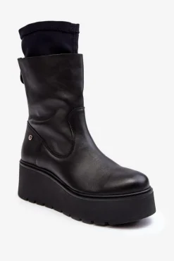 Damskie Skórzane Botki Na Masywnej Platformie Maciejka 06246-01 Czarne