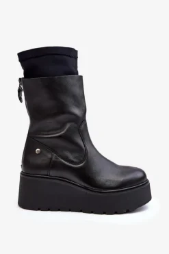 Damskie Skórzane Botki Na Masywnej Platformie Maciejka 06246-01 Czarne