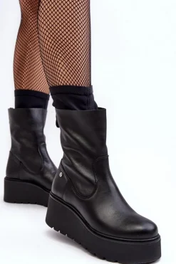 Damskie Skórzane Botki Na Masywnej Platformie Maciejka 06246-01 Czarne