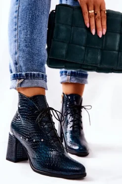 Damskie Skórzane Botki Na Słupku Zielone Neliko