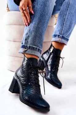 Damskie Skórzane Botki Na Słupku Zielone Neliko