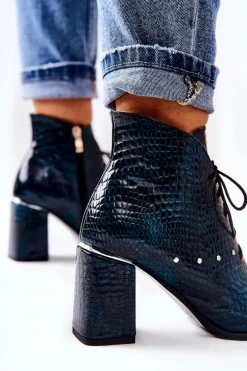 Damskie Skórzane Botki Na Słupku Zielone Neliko